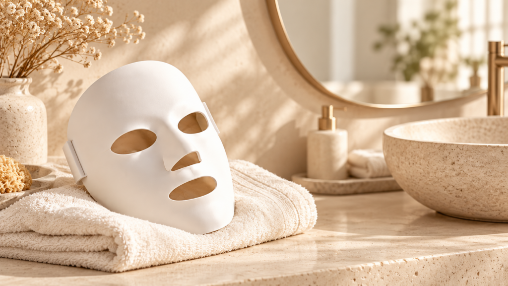 Masque visage blanc posé sur une serviette dans une salle de bain beige.